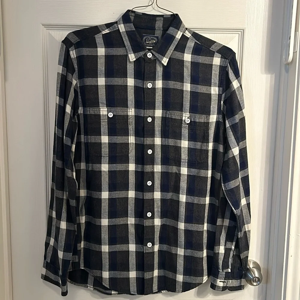 J Crew Men’s Plaid Slim Button Down Flannel Shirt Size M Black White Blue‎